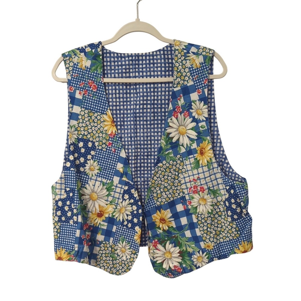 Patchwork Floral Vest Blue Gingham Daisies 23" PTP Reversible Homemade